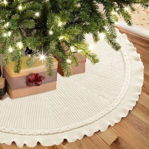 NEW Christmas Ivory Cable‎ Knit Tree Skirt with Ruffle Trim 48"
